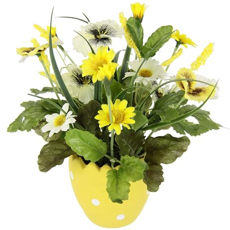 Kunstblumen Stiefmütterchen Margeriten im Topf Ei 22cm Ostergesteck Osterdeko Oster-Ei Tischdeko Deko Ostern Künstlich Frühlingsblume Unechte Blumen Frühjahrsdeko mini Blumen, gelb