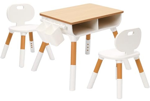Yosamy Kindertisch mit 2 Stühlen, Kinder Tisch Stuhl Set, Kindertisch mit Stauraum und Ablagekorb, 55x40x55cm Höhenverstellbar, Spieltisch