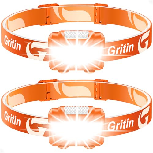 Gritin Stirnlampe LED, Superhell Kopflampe mit 3 Modi, IPX5 Wasserdichte Leichtgewichtige Mini Stirnlampe fürs Laufen, Campen, Joggen, Angeln, 2 Stück -Orange