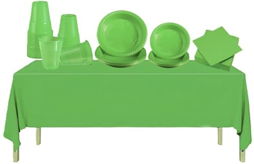WOOPARTY Set Stoviglie Plastica Riutilizzabile Verde - 145 Pezzi - 25 Piatti Dessert 17 cm, 20 Piatti Piani 22 cm, 50 Bicchieri, 50 Tovaglioli, 1 Tovaglia 137x274cm - per Feste, Compleanni e Picnic