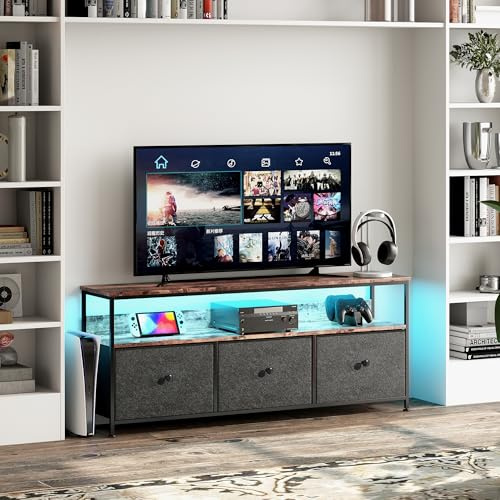 FEEOHOME - Mueble de TV de metal, soporte para TV de 42 pulgadas, mesa de TV con LED ajustable y 3 cajones de PU, marco de metal con estantes de almacenamiento, para salón o dormitorio, 108 x 57 x 30