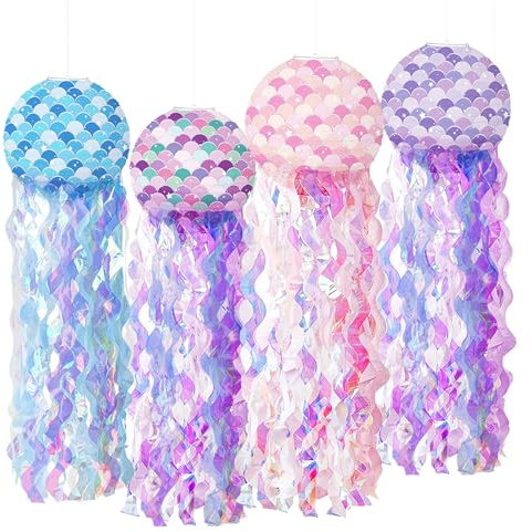 Wasise Mermaid Party Decorations - 4PCS Mermaid Jellyfish Paper Lanterns, Mermaid Birthday Decorations, Hanging Paper Lanterns, Under The Sea Party Decorations (colorful Pink Blue Purple)