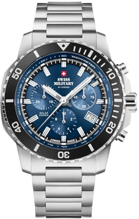 Swiss Military by Chrono Herren Uhr Solar Chronograph Quarzuhrwerk mit Edelstahlarmband Analoge Herrenuhr Armbanduhr Blau SMS34113.02