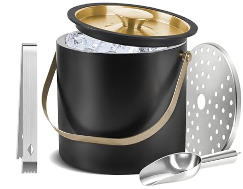 Eiswürfelbehälter Edelstahl, 3L Eiskübel, mit Portable Tragegriff Eiszange, Deckel und Sieb, für Partys Bier Cocktailbars, Schwarz