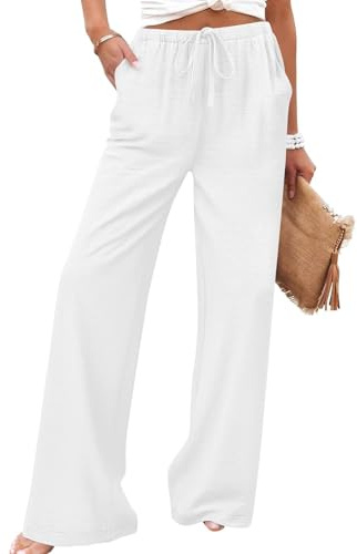 Pantalon Fluide Femme Été Chic Pantalon Femme Coton et Lin Large Taille Haute Élastique avec Cordon et Poches Léger Respirant Palazzo Pants pour Plage Bureau