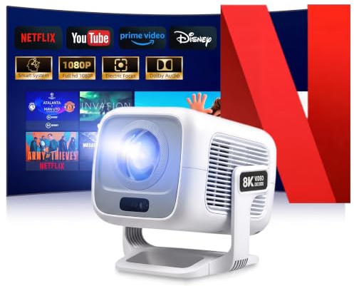 Beamer 4K [Kompatibel mit Netflix | Dolby Audio] 700 ANSI Smart-Projektor für Heimkino, Full HD 1080P, Autofokus, vertikale Trapezkorrektur fürs Auto, Kurzdistanzprojektor (Weiß)