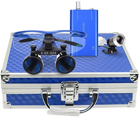 BoNew Orale chirurgische 3 W LED-Scheinwerferlampe mit 2,5 × 420 mm Binokularlupen, optische Brille + Aluminiumbox, Blau