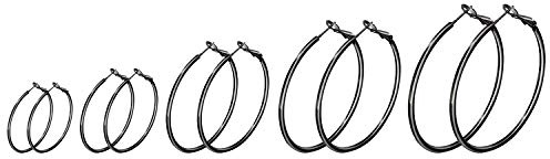 JewelryWe Schmuck 5 Paar Creolen Ohrringe Set Edelstahl Groß Rund Hängend Huggie Ohrringe Ohrhänger für Damen Mädchen, Durchmesser 30 40 50 60 70 mm, Schwarz Gold Silber Rosegold