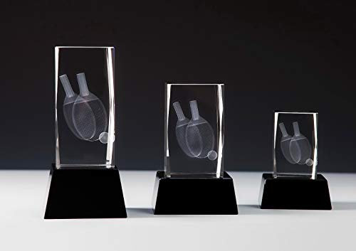 Henecka Tischtennis-Pokal, Glastrophäe 3D-Lasermotiv Tischtennis, Kristallglas, schwarzer Glassockel, mit Wunschgravur, Größe 14 cm
