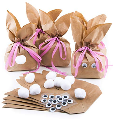 Osterhasen-Geschenktüten, 10 Stück: Hasen-Tüten zum Befüllen, Ostertüten Braun, DIY Osternester Kinder, Papiertüten Ostern, Kraftpapiertüten Ostergeschenke, Osterverpackungen, Rosa, 19,5 x 29 x 7,5 cm