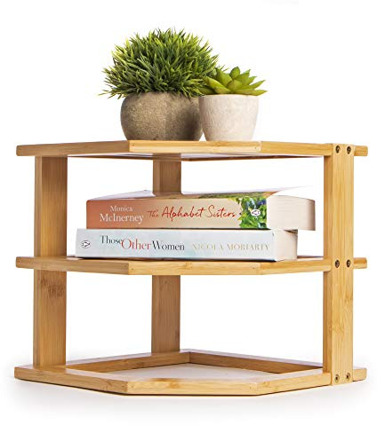 Bamboo 3 Tier Corner Shelf | Kitchen Cupboard Storage Organiser | Stacking Shelf | Worktop Tidy | Plate Rack | Space Saving Unit | Mini Shelf | M&W