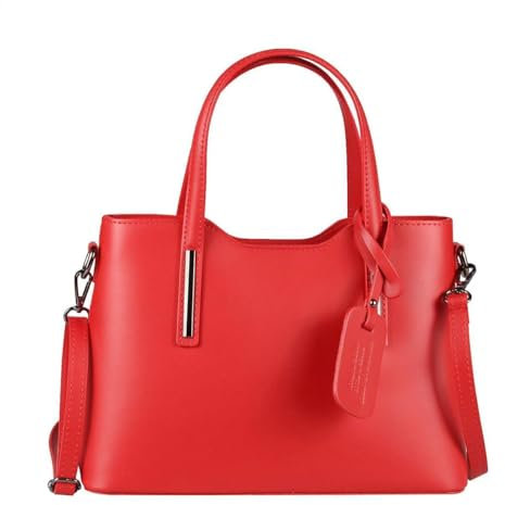 OBC Made IN Italy Damen Echt Leder Tasche Business Shopper Schultertasche Handtasche Ledertasche Umhängetasche Rindsleder Freizeittasche Rot