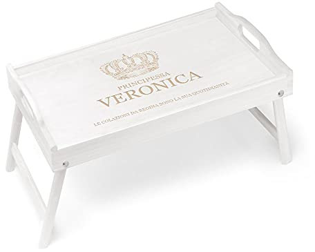 Maverton Vassoio da Colazione a Letto Personalizzato - Tavolino Pieghevole Bianco in Legno - Incisione Laser - Tavolo Multiuso 50 x 30 cm - regalo donna - Principessa