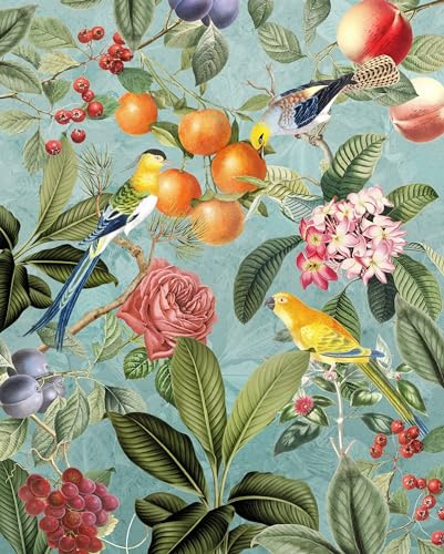 Komar Vlies Fototapete - Birds and Berries - Größe: 200 x 250 cm (Breite x Höhe) - Tapete, Design, Wohnzimmer, Wanddekoration, Schlafzimmer, Blumen, floral, Papagei, Vogel - LJX4-018