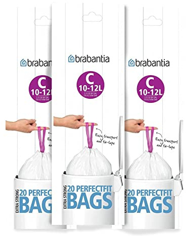 3 x 20 White Perfect Fit Brabantia Bin Liners Type C Liner Bags 10 - 12L (60 bags in total), Purple Strings