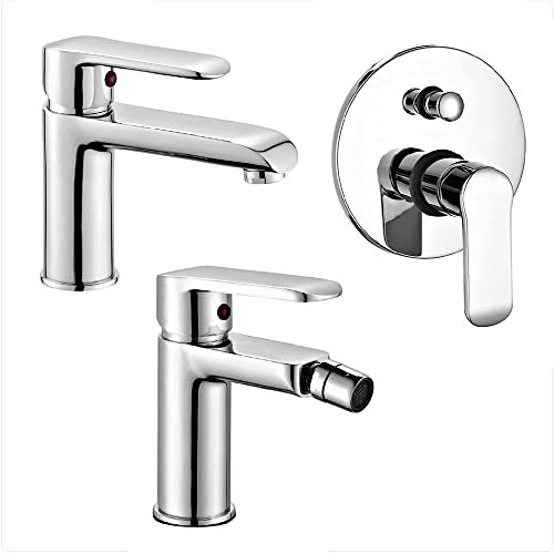 Set miscelatori rubinetteria bagno lavabo bidet e doccia incasso con deviatore, completo di accessori, in ottone cromato, Dalila (Set lavabo bidet doccia incasso con deviatore)