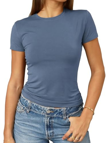 Abardsion Women's Casual Basic Going Out Crop Tops Slim Fit Short Sleeve Crew Neck Tight T Shirts 2026 (Haze Blue, S)