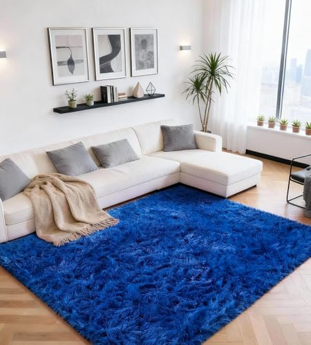 ROHATIM Teppich Wohnzimmer 120 x 160 cm Blau Waschbar Rutschfester Hochflorteppich Kinderzimmer Schlafzimmer Flauschiger Teppiche