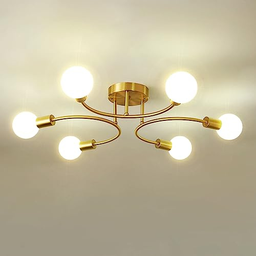 NIUNIAJ Plafonnier Industriel,6 Lumières Lustre E27,Plafonnier Vintage Or,Lustre pour Salon,Chambre,Cuisine,Salle à Manger,Diamètre 70CM(Ampoule non Incluse)