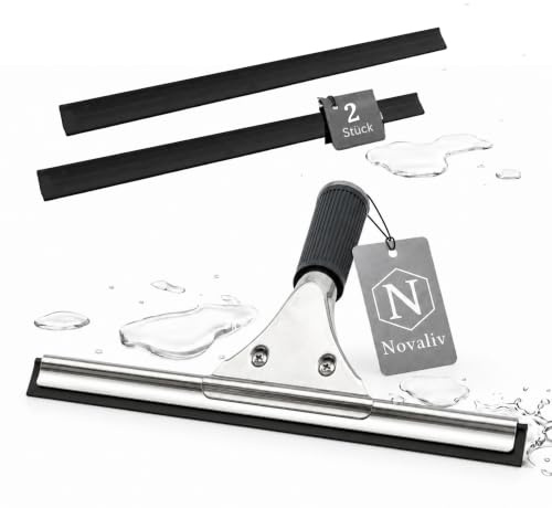 Novaliv Fensterabzieher Profi 25 cm + 2X Ersatzgummi für Fensterreiniger Edelstahl mit auswechselbaren Gummilippe Fensterlippe Fensterreinigung Abzieher Fenster Fensterputzer Fensterwischer