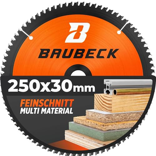 BAUBECK Sägeblatt 250x30 - Multi Material Feinschnitt - Sägeblatt 250 Holz, Aluminium, Metall uvm. - Kreissägeblatt 250x30 kompatibel mit allen 250er Kappsägen und Tischkreissägen