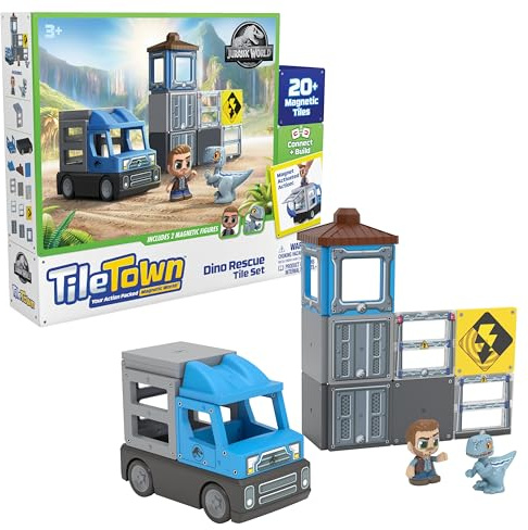 Tile Town Jurassic World Dino Rescue Magnetic Tiles Construction Building Set + Figures + Car, Kids 3-5+, New ACTION TILES for Action Play, Realistic Builds, STEM Creative Toy