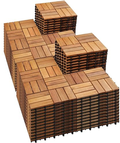 PrimeZone 108 PCS Solid Acacia Wood Interlocking Patio Deck Tiles - 12 x 12 Indoor Outdoor Waterproof Flooring Tiles for Balcony, Backyard & Poolside, All Weather Use, Natural Wood, Checker