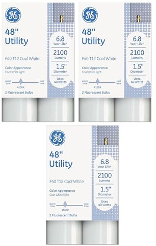 GE Lighting (6 Tubes) GE F40T12 Fluorescent Bulbs, 48 inch Linear Fluorescent T12, 40 watts, 2100 lumens, 4100K Cool White, Great for Utility and WorkSpaces, Refreshing Light