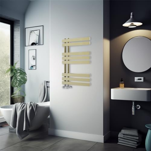 Warmehaus 800x600mm Brushed Brass Flat Designer Heated Towel Rail Radiator | D Shape Bars, Larger Capacity, for any Bathroom & Kitchen, Premium Mild Steel, Corrosion Resistance, Flat Panel, Wall Mounted
