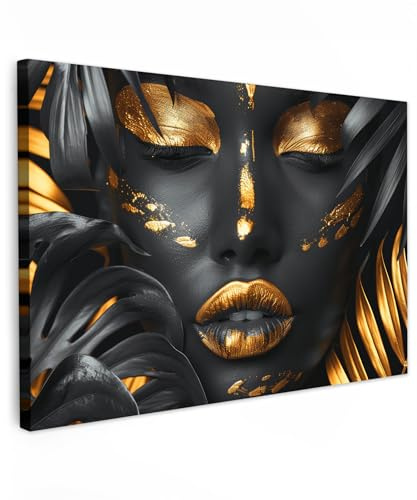 MuchoWow© Cuadros Decoración Salon Modernos Pinturas Lienzo Decorativo | 120x80 cm - Pared Decoracion Hogar Lienzos Mujer - Retrato - Lujo - Maquillaje - Oro