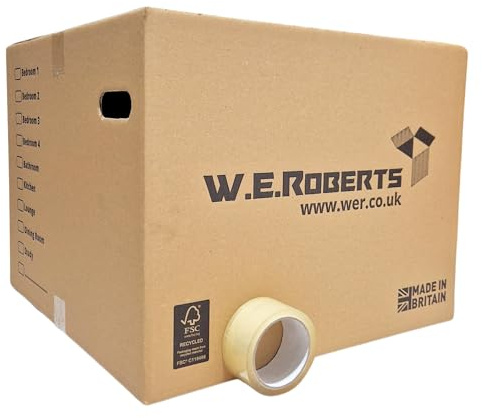 W.E. Roberts 20 Strong Extra Large Cardboard moving Boxes. Packing boxes for moving house with Printed Room List and Carry Handles 52cm x 52cm x 40cm cardboard boxes and 66 Metres Clear Low Noise Tape