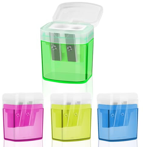 4 Stück Anspitzer mit Behälter, Doppelanspitzer mit Behälter Deckel, Doppel Loch Kunststoff Pencil Sharpener für Schule Büro, für Verschiedene Arten von Bleistiften Schule Büro Studenten Reisen