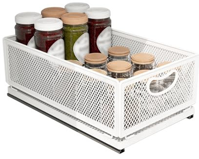 ULIKEUS Sliding Cabinet Basket Organizer Drawer Self Adhesive Slide out Pantry Shelves Heavy Duty Carbon Steel Slide Cabinet Storage Basket with Handle for Bathroom Kitchen Home