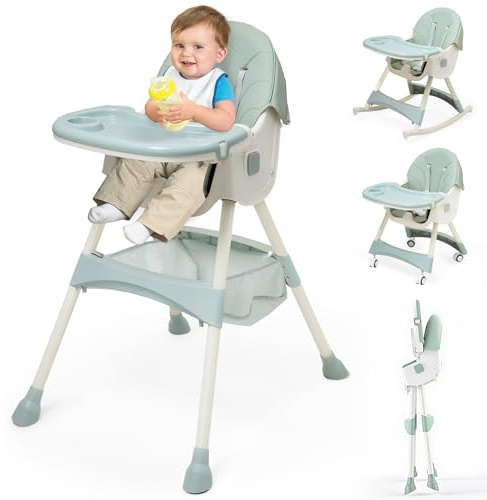 High Chair 5 in 1 Convertible Folding Baby High Chairs with Adjustable Height Dining Chair for Toddlers Sturdy Portable with Removable Tray Detachable PU Cushion