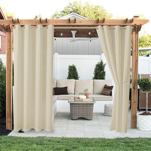 Hiseng wasserdichte Vorhänge Outdoor, Outdoorvorhänge Wetterfest Blickdicht Verdunkelungsvorhang mit Ösen 1 Stück Sichtschutz Sonnenschutz Vorhang für Garten Balkon (230x270cm,Beige)