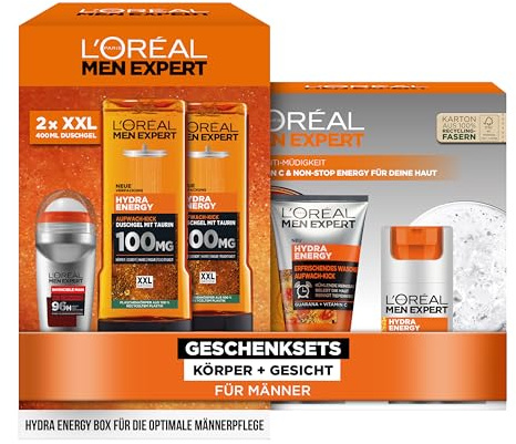 L'Oréal Men Expert Pflegesets für Gesicht und Körper für Männer, Mit Waschgel, Gesichtscreme, 2x Duschgel und Deo Roll-On, Geschenkset für Herren gegen müde Haut, Hydra Energy, 5-teilig