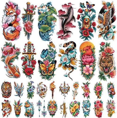 77 fogli tatuaggi temporanei per adulti bambini vecchia scuola teschio tigre spada gatto aquila serpente fiore di loto farfalla mezzo braccio tatuaggi finti adesivo per donne uomini