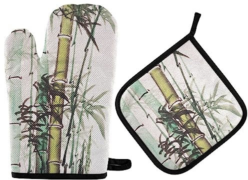 Vikeiac Ofenhandschuhe und Topflappen-Set, 2-teilig, hitzebeständig, rutschfest, waschbar, Küchenofenhandschuh zum Kochen, Backen, Grillen, Bemalen von Bambus