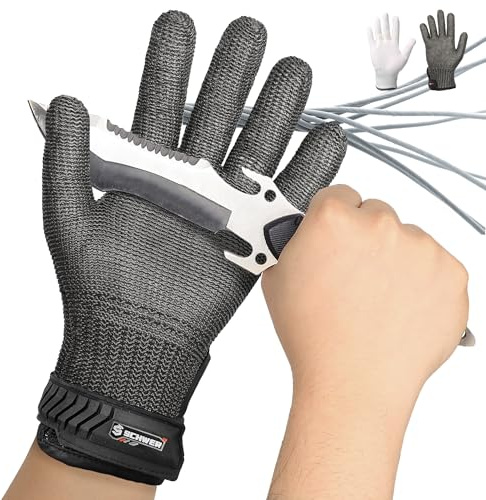 Schwer Ultimative Schnittschutzhandschuhe Level A9/F, Verstärkte Edelstahl-Handschuhe, Schnittfeste Handschuhe, Für Metzger, Fleischzerlegung, Austernöffnen, Gemüseschneider,PFAS-frei,XL