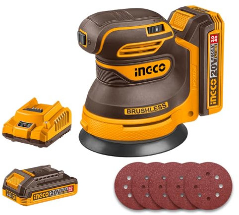 INGCO Ponceuse Excentrique Sans Fil 20V Ø125mm, Moteur Sans Balais, 6 Vitesses Variables 13000 tr/min, Ponceuse Orbitale avec 1 Batteries 2.0Ah et 1 Chargeur CROSLI20021