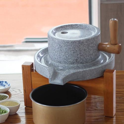 Vibeo Stone Grain Mill Natural Smooth Granite Grain Mill with Bracket, Country Hand Crank Dry & Wet Grain Flour Grinder, Manual Soymilk/Rice Paste Stone Grinder
