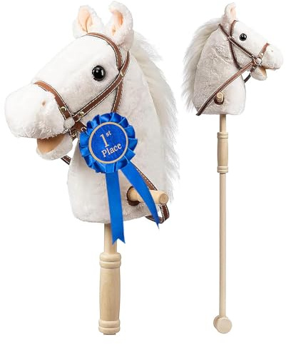 HollyHOME Stick Horse Plush with Detachable Blue Ribbon Champion Hobby Horse on Stick with Wood Wheels Real Pony Neighing and Galloping Sounds for Kids Toddlers White 36 Inches(AA Batteries Required)