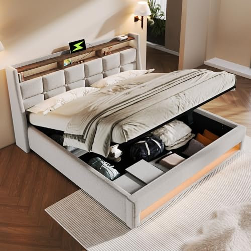 MQLAE Doppelbett Bettgestell 180x200 mit Stauraum, LED Polsterbett mit USB, Hydraulisch Funktionsbett Leinenstoff Bett mit Bettkasten, Jugendbett Stauraumbett Metallbett mit Lattenrost, (Beige)