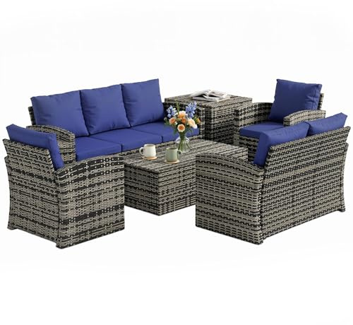 Outsunny 6 Pieces Rattan Garden Furniture Set, 7 Seater Wicker Outdoor Furniture Set with Storage Tea Table & Side Table, Sectional Garden Sofa Set with Cushions, Navy Blue
