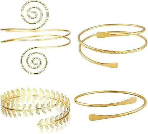 GINGER TECH 4 Pcs Gold Arm Cuff Set, Adjustable Upper Arm Band Cuff Bracelets for Women, Armband Set Minimalist Simple Greek Armlet Wedding Fashion Jewelry Gold Plated