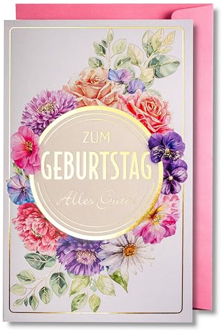 Art Nuvo Geburtstagskarte für Frauen – eine florale Geburtstagskarte mit einem rosa Umschlag voller schimmerndem Licht, das sich in farbenfrohen Drucken widerspiegelt.