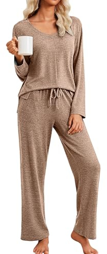 Ekouaer Pajamas for Women Set Long Sleeve 2 Piece Lounge Sets V Neck Matching Pjs Soft Sleepwear Fall Winter Brown M