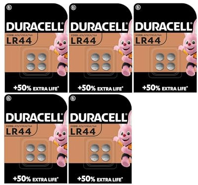 20 x Duracell LR44 (5 ampoules de 4 batteries) 20 piles (A76/V13GA/76A)