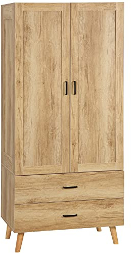HOMCOM Armario para dormitorio con 2 puertas batientes con cierre suave y 2 cajones, armario guardarropa ahorra espacio multiusos con barra perchero y base elevada, 80 x 54 x 180 cm, color madera