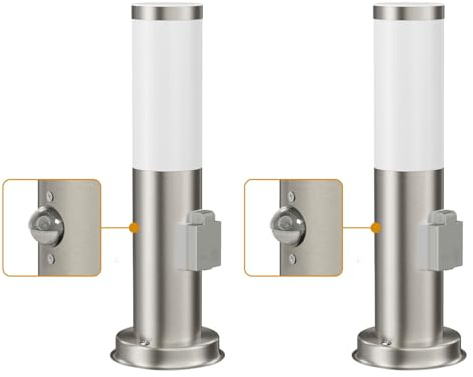 ledscom.de 2x Pollerleuchte PORU Sensor für außen, 38cm, edelstahl, Steckdose, inkl. E27 Lampe 471lm, extra-warmweiß